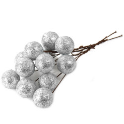 Glitter baubles on wires - silver, 25 mm, 12 pcs.