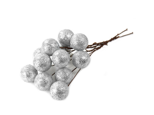 Glitter baubles on wires - silver, 25 mm, 12 pcs.