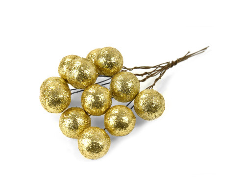 Glitter baubles on wires - gold, 25 mm, 12 pcs.