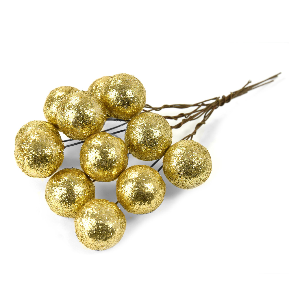 Glitter baubles on wires - gold, 25 mm, 12 pcs.