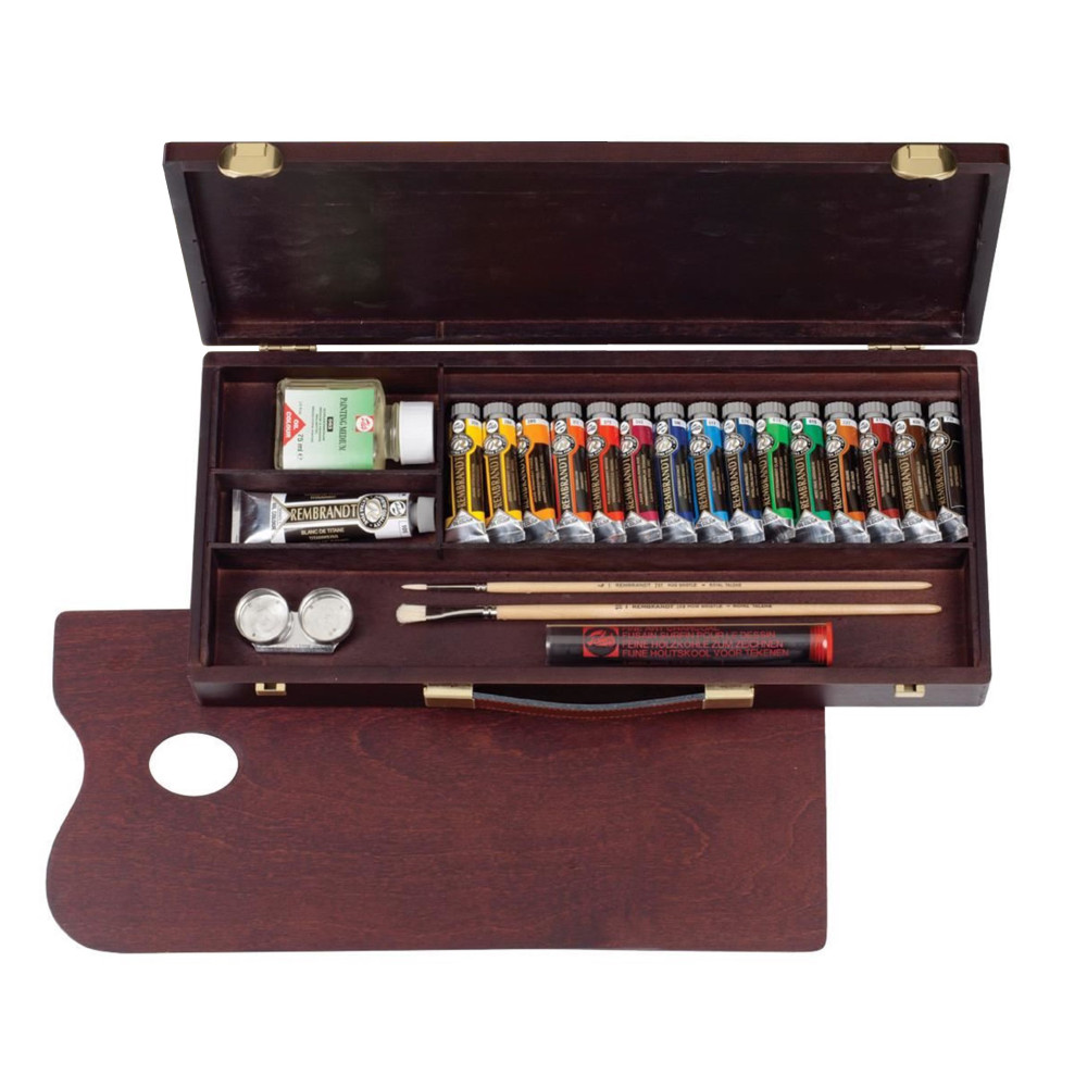 Zestaw farb olejnych Traditional z akcesoriami w drewnianym kuferku - Rembrandt - 21 szt.