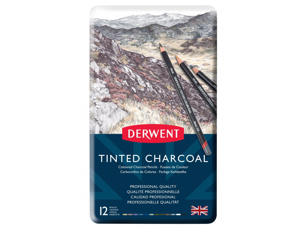 Zestaw kolorowych węgli w kredce Tinted Charcoal - Derwent - 12 szt.