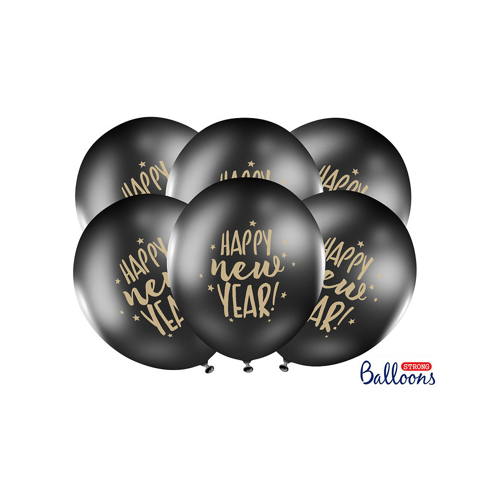 Balony Happy New Year - czarne, 30 cm, 50 szt.