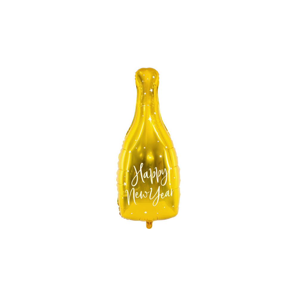 Balon foliowy butelka, Happy New Year - złoty, 32 x 82 cm