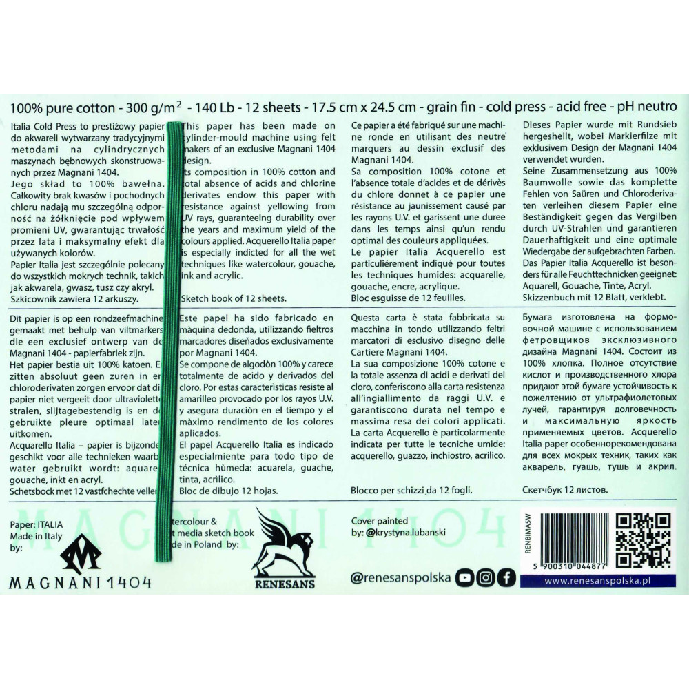 Szkicownik do akwareli bawełniany, Italia A5 - Magnani 1404 - 300 g, 12 arkuszy