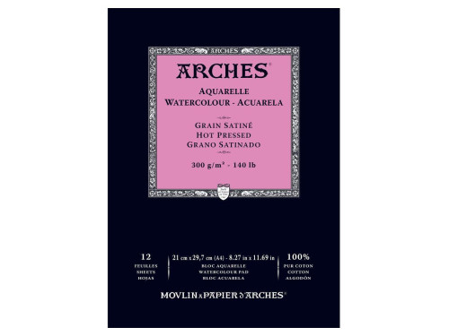 Watercolor paper - Arches - hot pressed, A4, 300 g, 12 sheets