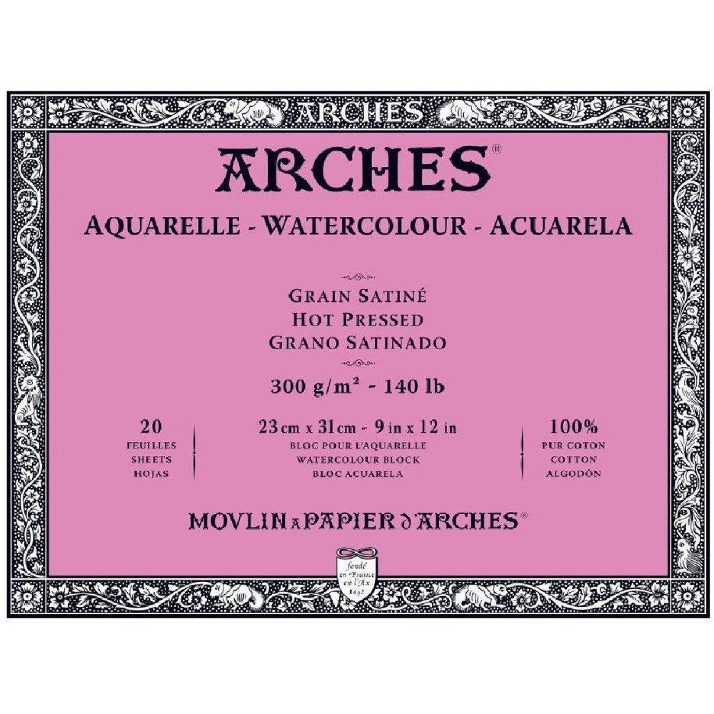 Watercolor paper - Arches - hot pressed, 23 x 31 cm, 300 g, 20 sheets
