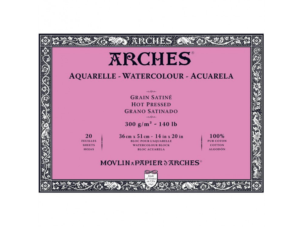 Blok do akwareli - Arches - hot pressed, 36 x 51 cm, 300 g, 20 ark.