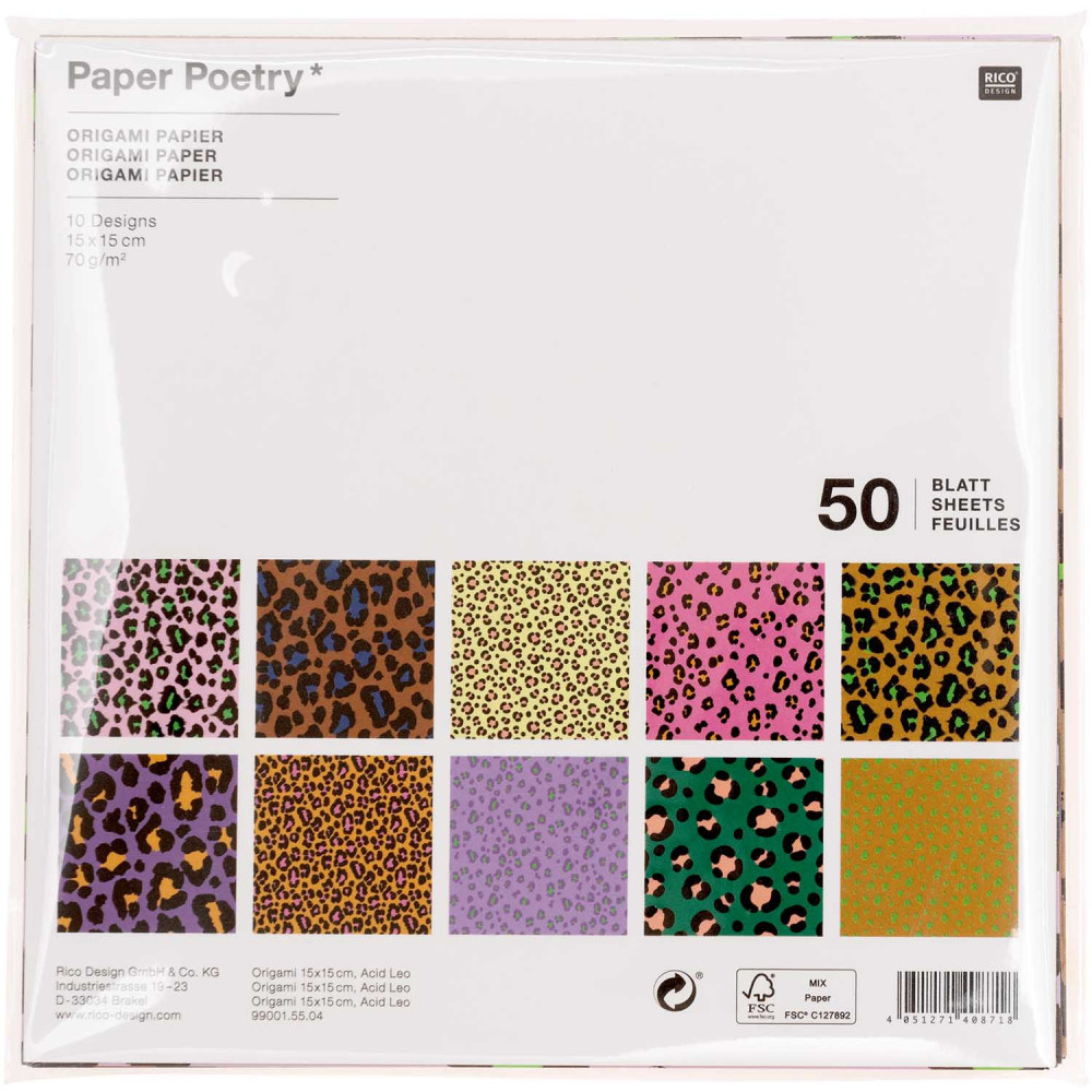 Papier origami Acid Leo - Paper Poetry - kwadratowy, 15 x 15 cm, 50 ark.