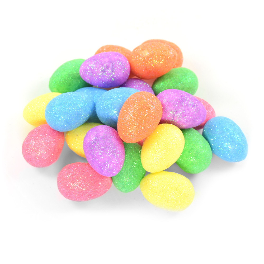 Styrofoam glittered eggs - colored, 2,4 x 3,5 cm, 24 pcs