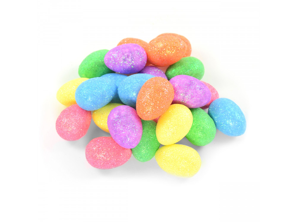 Styrofoam glittered eggs - colored, 2,4 x 3,5 cm, 24 pcs