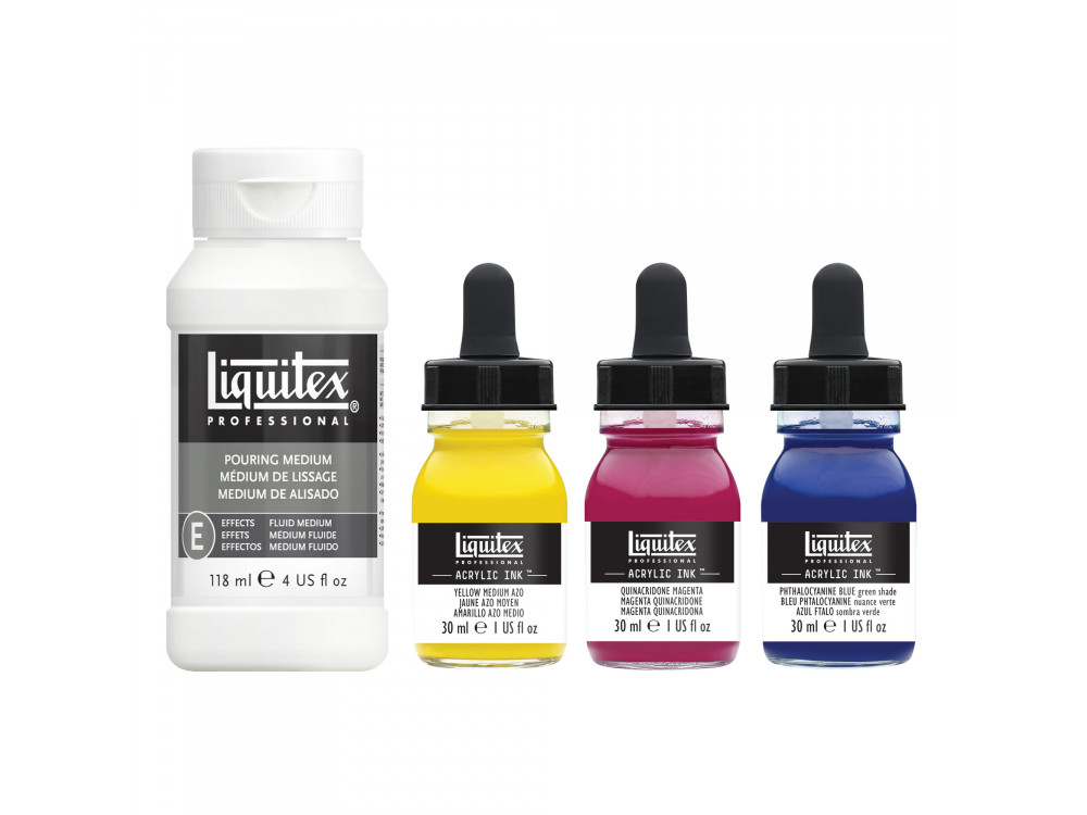 Zestaw tuszów akrylowych z medium do pouringu - Liquitex - Primary Colors, 3 kolory x 30 ml