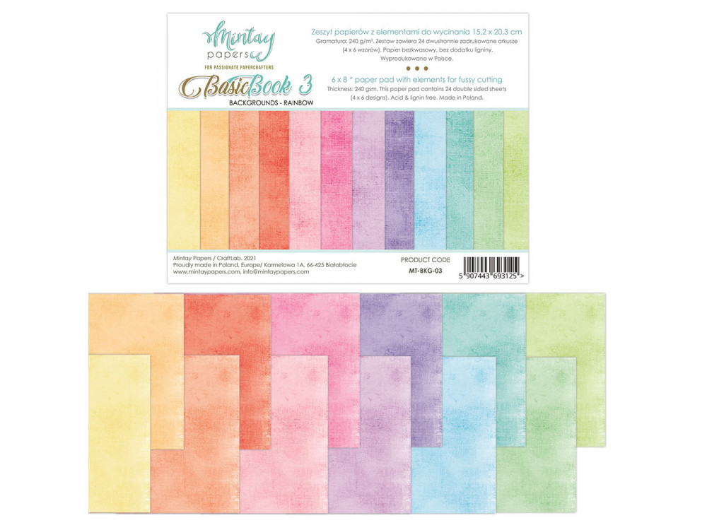 Scrapbooking paper set 15,2 x 20,3 cm - Mintay - Basic Book 3, Rainbow
