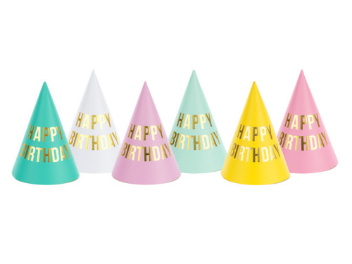 Party hats Happy Birthday - colorful, 6 pcs.