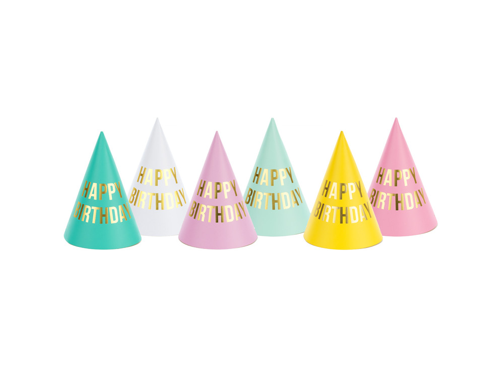 Party hats Happy Birthday - colorful, 6 pcs.