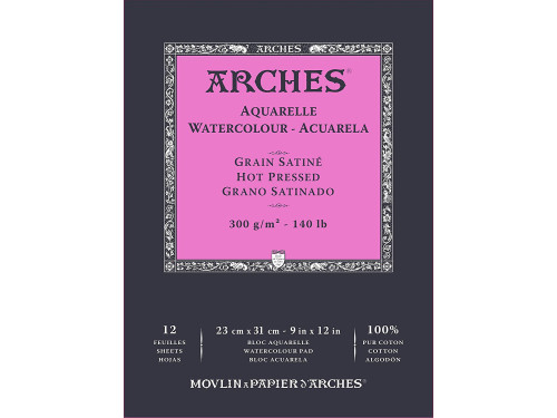 Watercolor paper - Arches - hot pressed, 23 x 31 cm, 300 g, 12 sheets