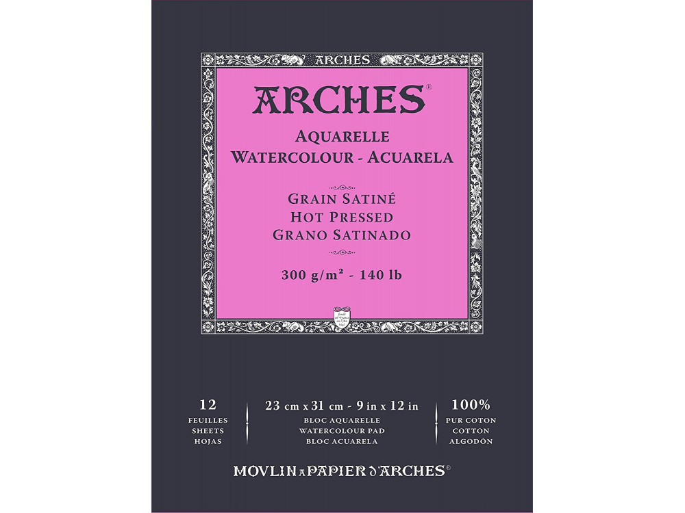 Watercolor paper - Arches - hot pressed, 23 x 31 cm, 300 g, 12 sheets