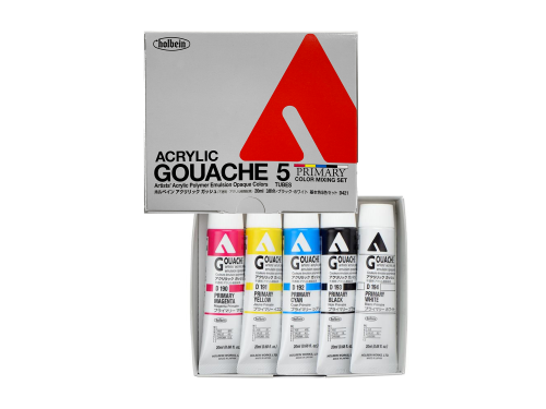 Zestaw farb gwaszy Acryla Gouache Primary Colors - Holbein - 5 kolorów x 20 ml