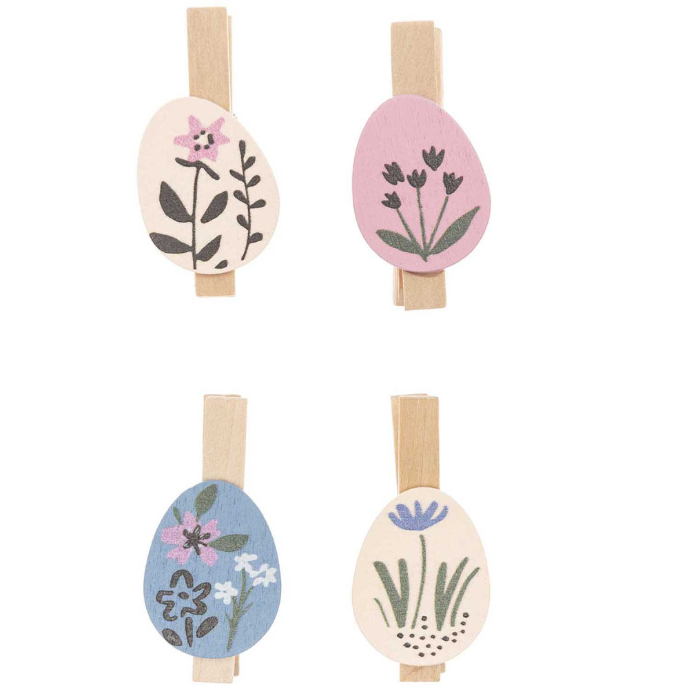 Wooden clips - Rico Design - Easter eggs with flowers, 4 pcs