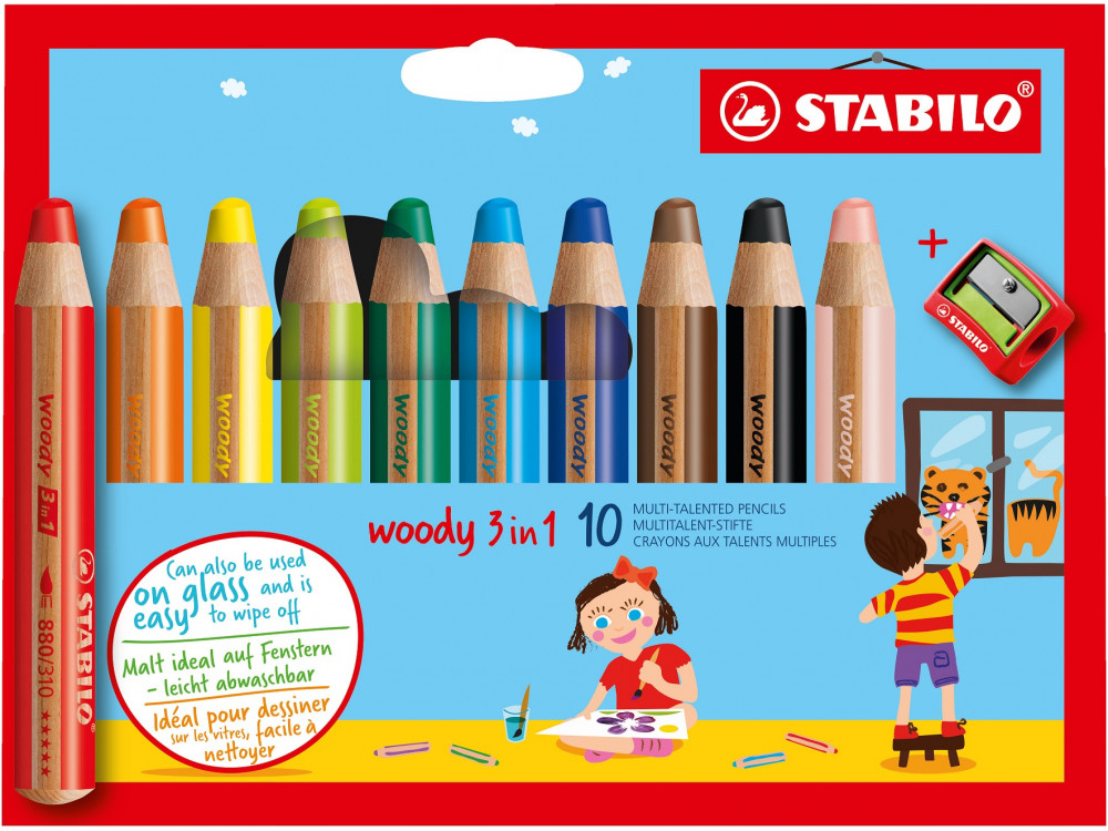 Zestaw kredek Woody 3 w 1 z temperówką - Stabilo - 10 kolorów