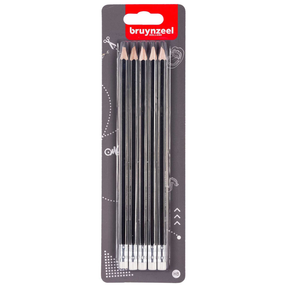 Set of graphite pencils with rubbers - Bruynzeel - HB, 5 pcs