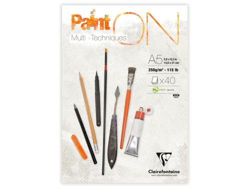 Blok uniwersalny Paint'On Mixed Media - Clairefontaine - śnieżnobiały, A5, 250g, 40 ark.