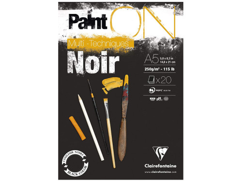 Blok uniwersalny Paint'On Mixed Media - Clairefontaine - czarny, A5, 250g, 20 ark.