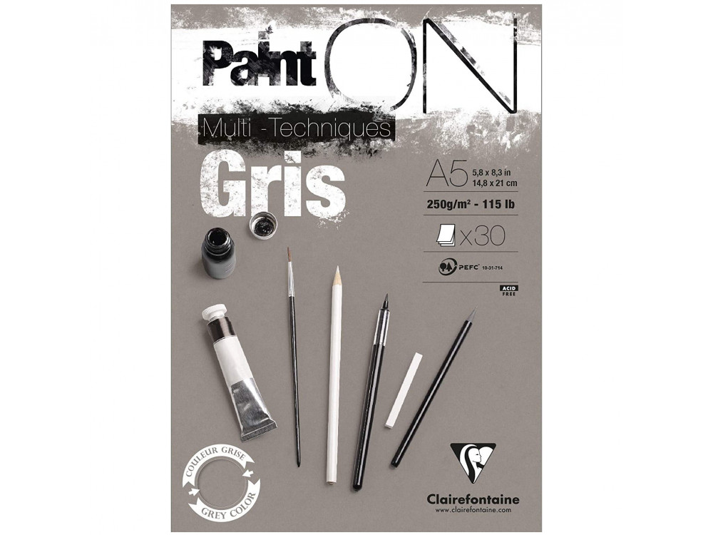 Paint'On Mixed Media paper pad - Clairefontaine - grey, A5, 250g, 30 sheets