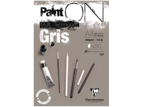 Blok uniwersalny Paint'On Mixed Media - Clairefontaine - szary, A4, 250g, 30 ark.