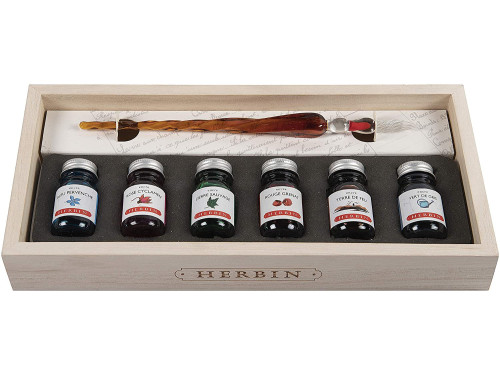 Set of calligraphy inks and glass pen - J.Herbin - 7 pcs