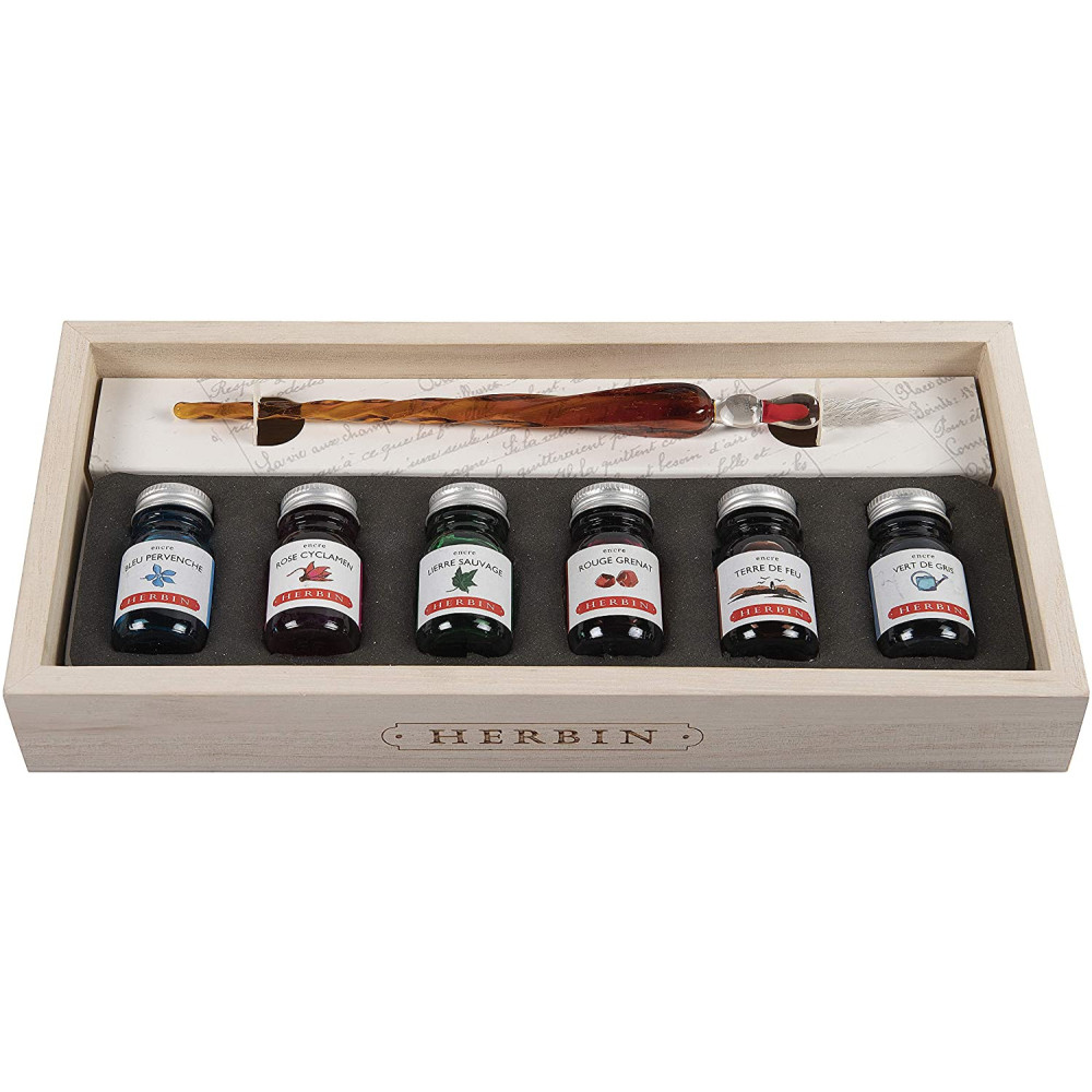 Set of calligraphy inks and glass pen - J.Herbin - 7 pcs