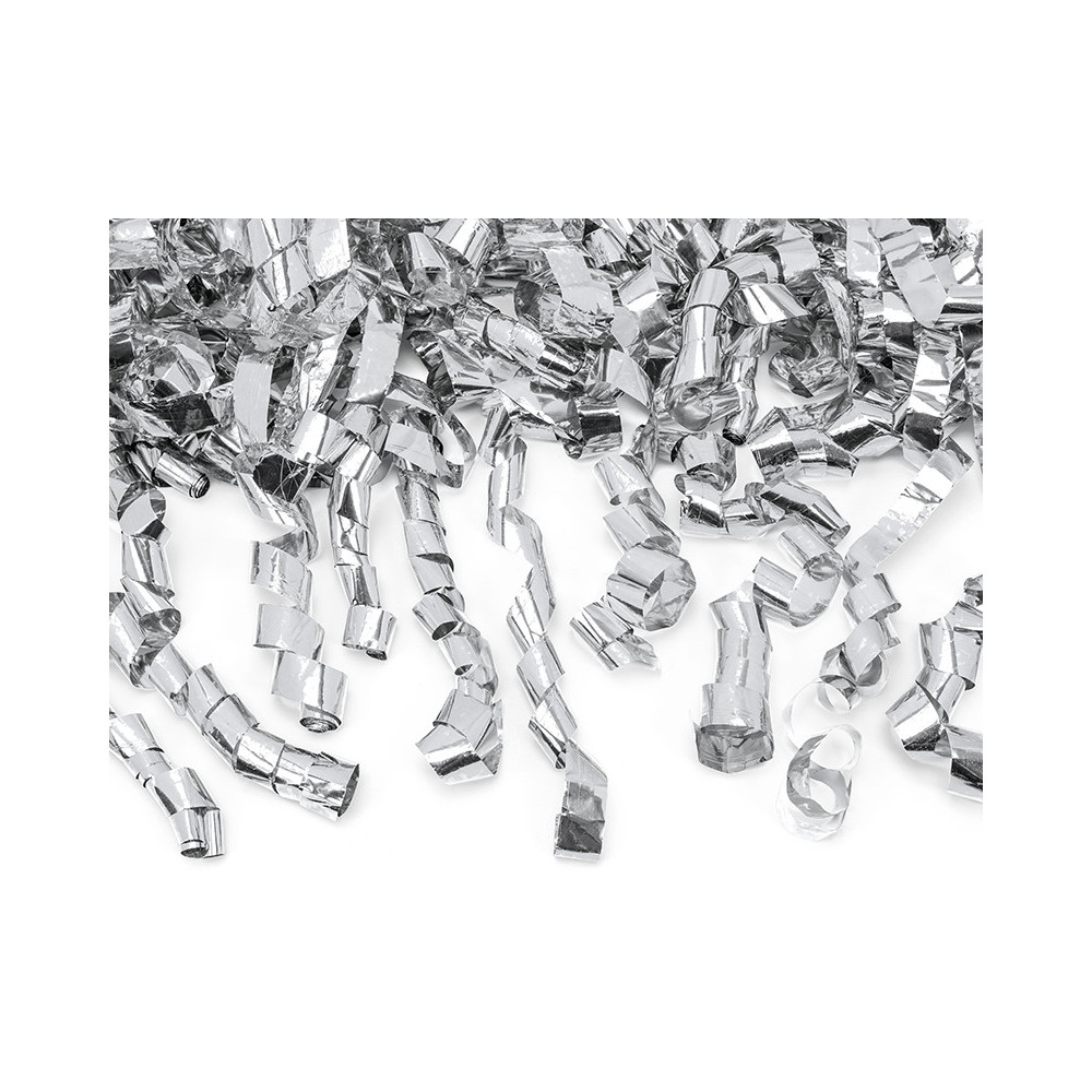 Wystrzałowe konfetti, tuba - serpentyny, srebrne, 40 cm