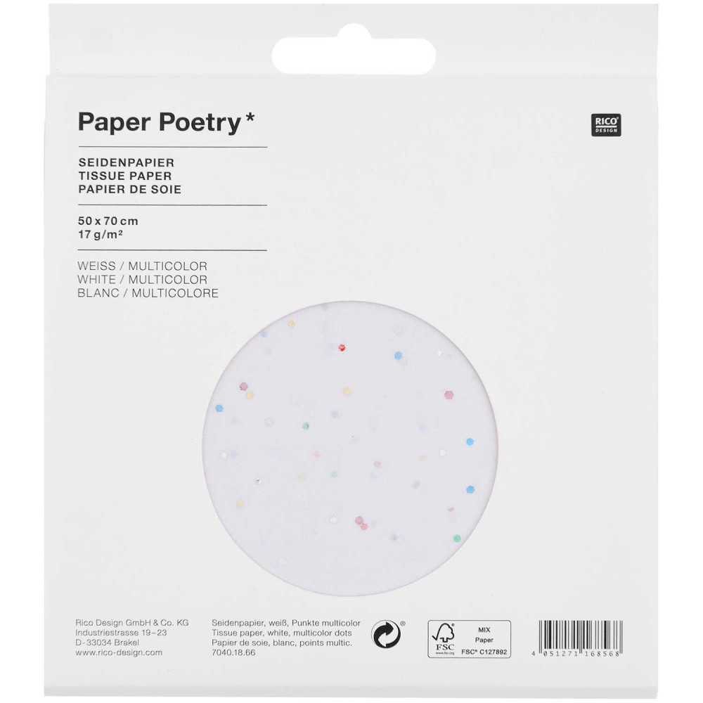 Bibuła do pakowania prezentów - Paper Poetry - biała w kolorowe kropki, 5 szt.
