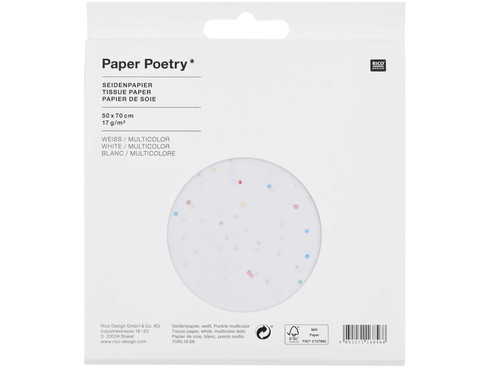 Bibuła do pakowania prezentów - Paper Poetry - biała w kolorowe kropki, 5 szt.