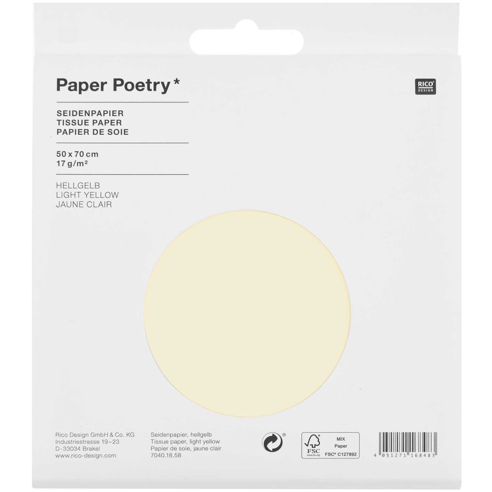 Bibuła gładka do pakowania prezentów - Paper Poetry - jasnożółta, 5 szt.