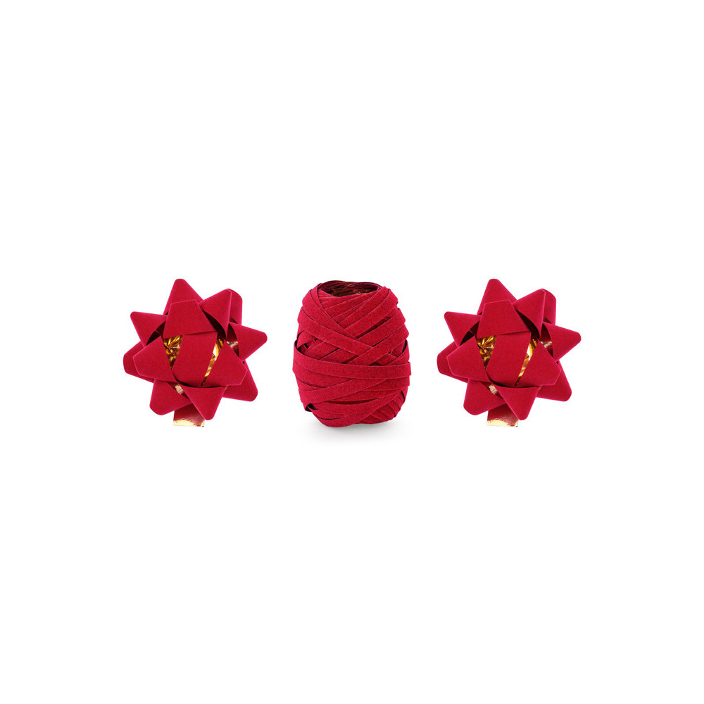 Velvet ribbon and rosettes for gift wrapping - red, 3 pcs.