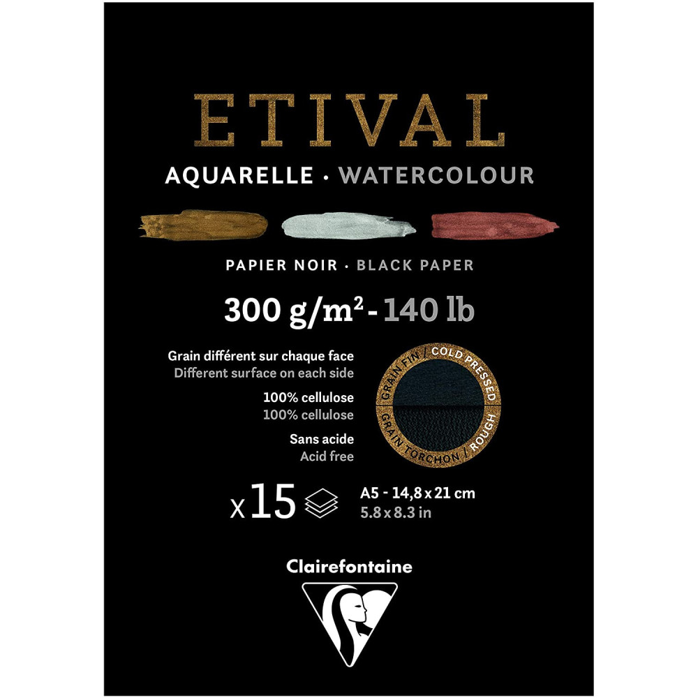 Watercolour Etival paper pad - Clairefontaine - cold pressed, black, A5, 300 g, 15 sheets