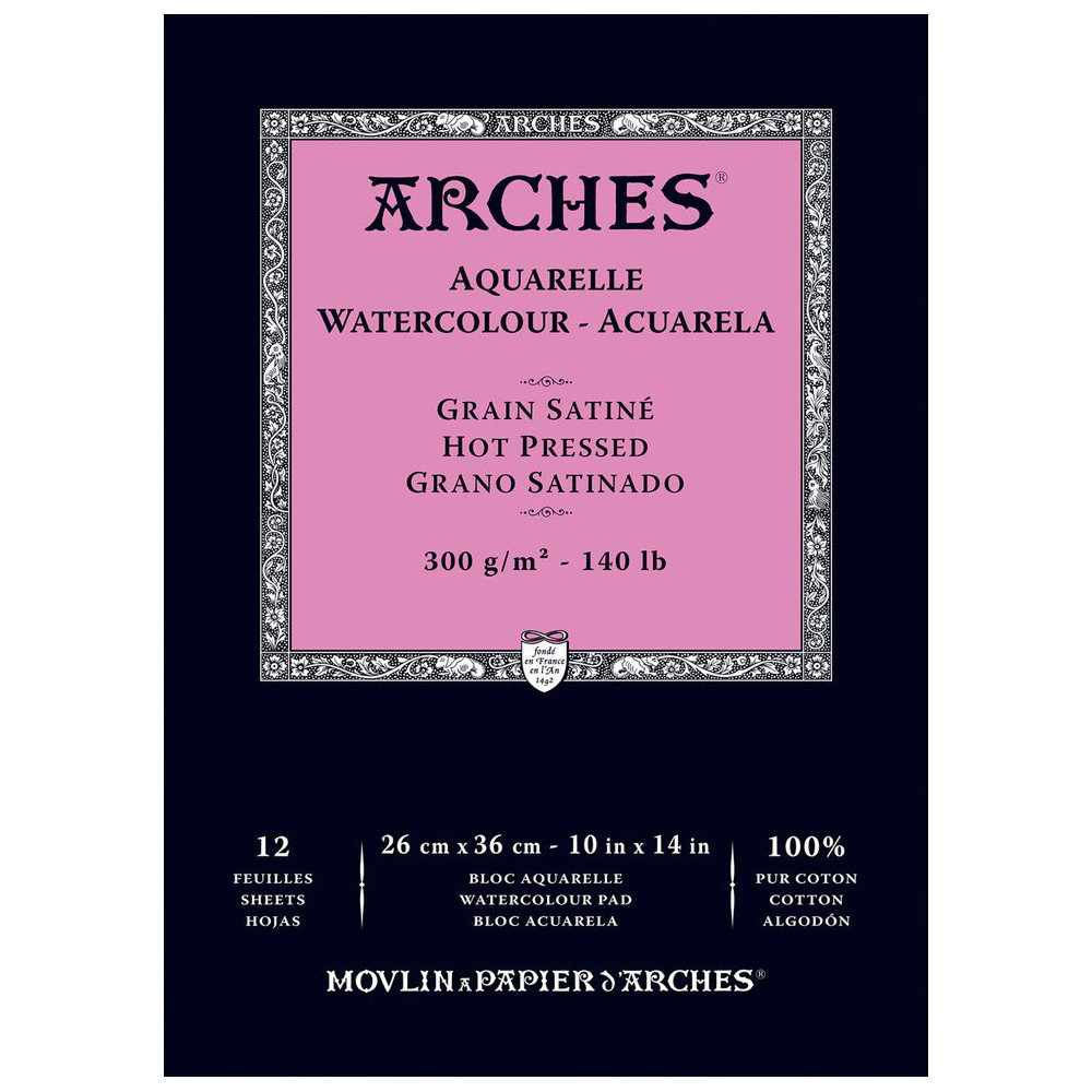 Watercolor paper - Arches - hot pressed, 26 x 36 cm, 300 g, 12 sheets