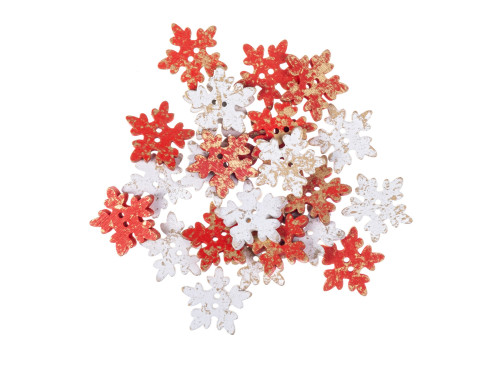 Wooden buttons, Snowflakes - DpCraft - white and red, 24 pcs