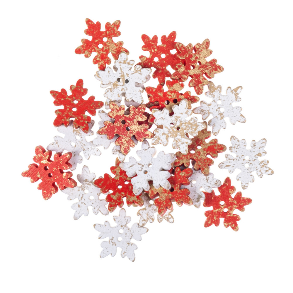Wooden buttons, Snowflakes - DpCraft - white and red, 24 pcs