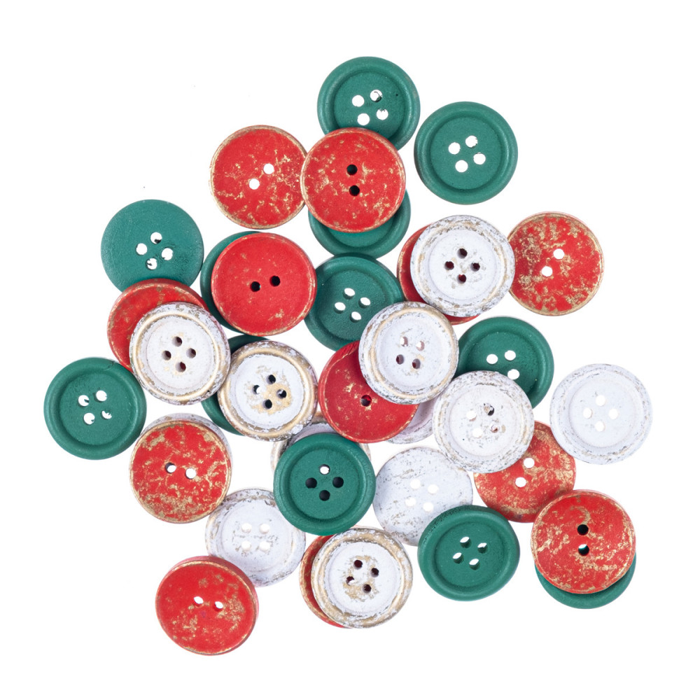 Wooden buttons - DpCraft - white, red and green, 36 pcs