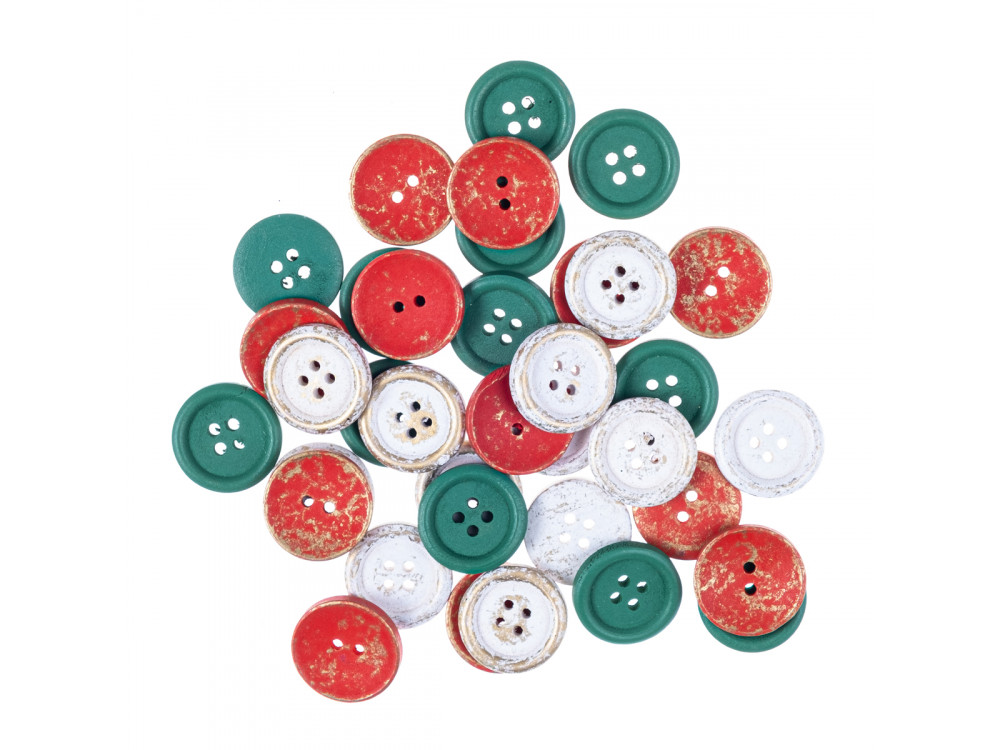 Wooden buttons - DpCraft - white, red and green, 36 pcs