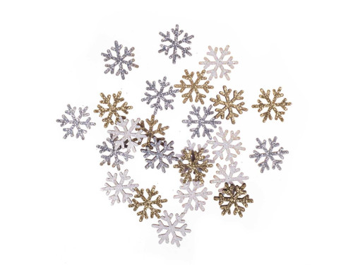 Śnieżynki drewniane, dwustronne - DpCraft - brokatowe, 24 szt.