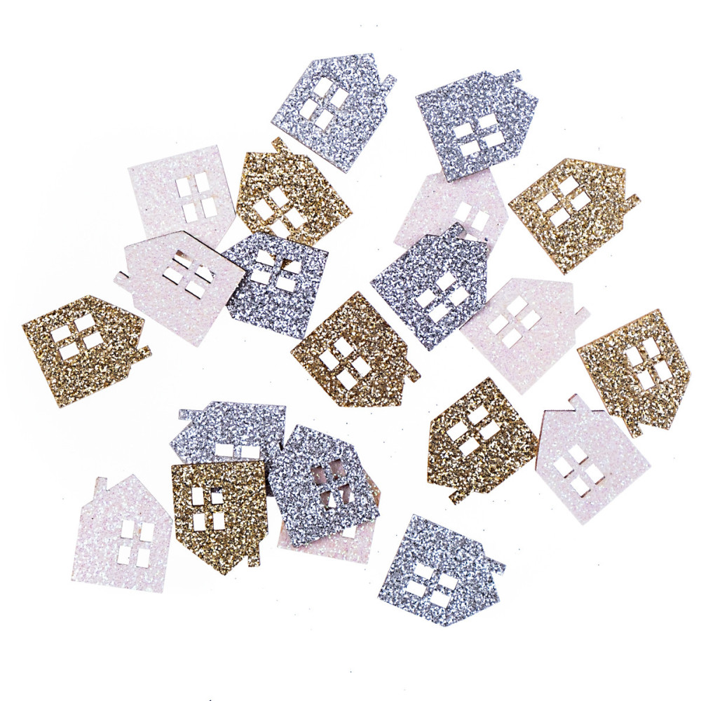 Wooden houses, double sided - DpCraft - glittery, 21 pcs