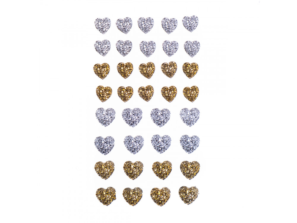 Self-adhesive heart stones - DpCraft - gold and silver, 36 pcs.