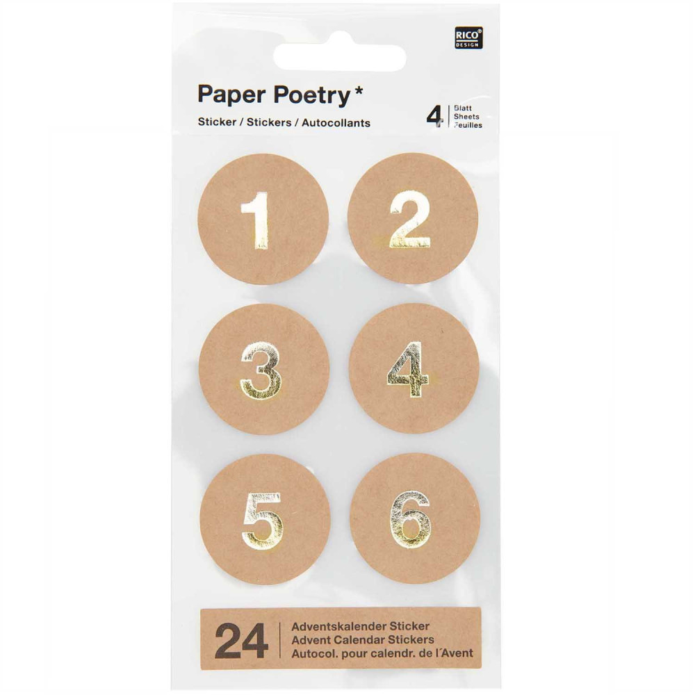 Naklejki - Paper Poetry - Liczby adwentowe, kraft, 24 szt.