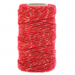 Cotton cord for macrames - red with gold thread, 2 mm, 100 g, 60 m