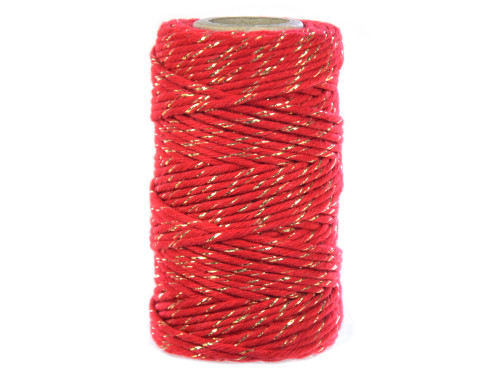 Cotton cord for macrames - red with gold thread, 2 mm, 100 g, 60 m