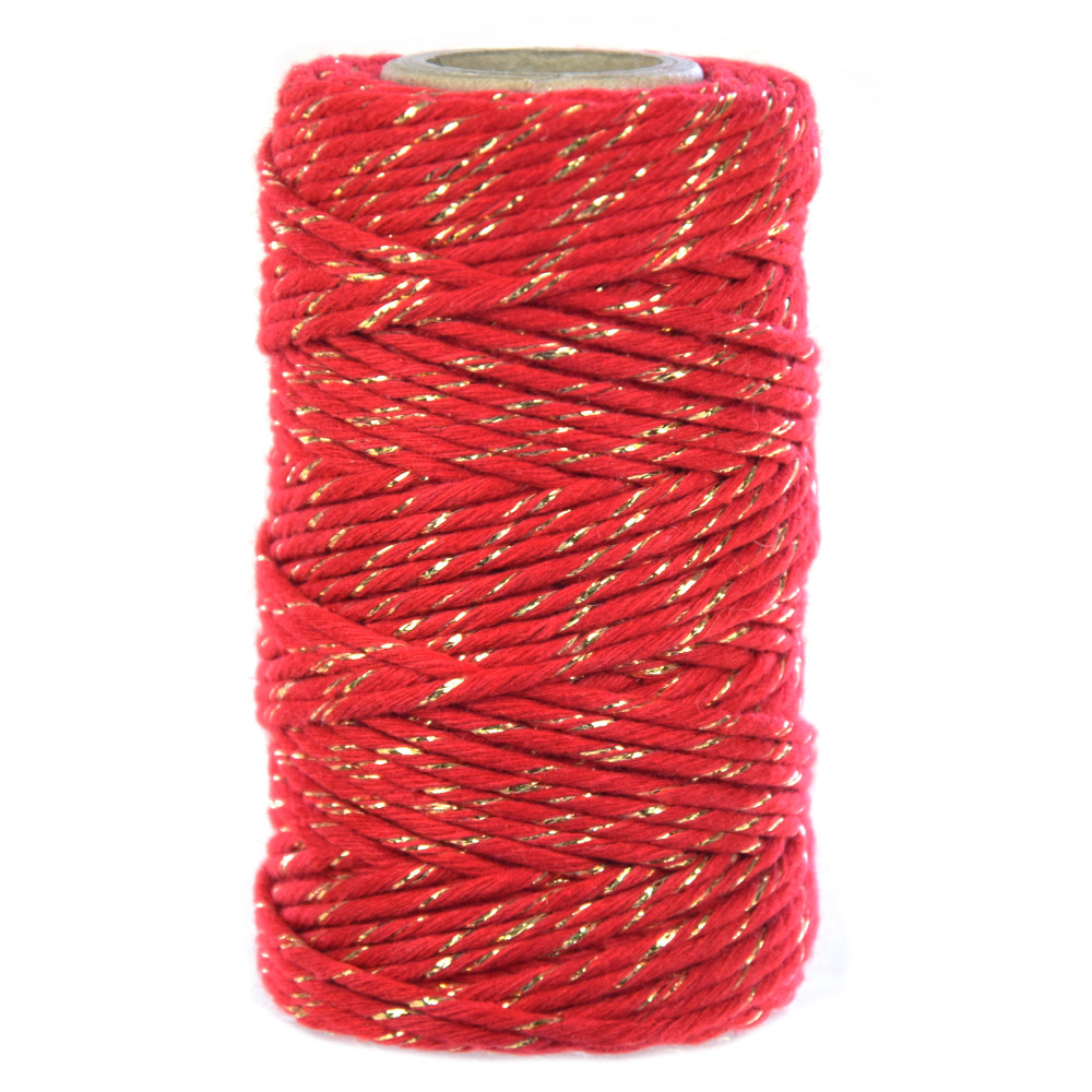 Sznurek bawełniany do makramy - czerwony ze złotą nicią, 2 mm, 100 g, 60 m