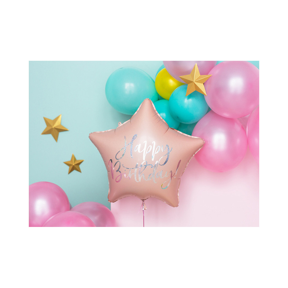 Balon foliowy Happy Birthday! - gwiazdka, pudrowy róż, 40 cm